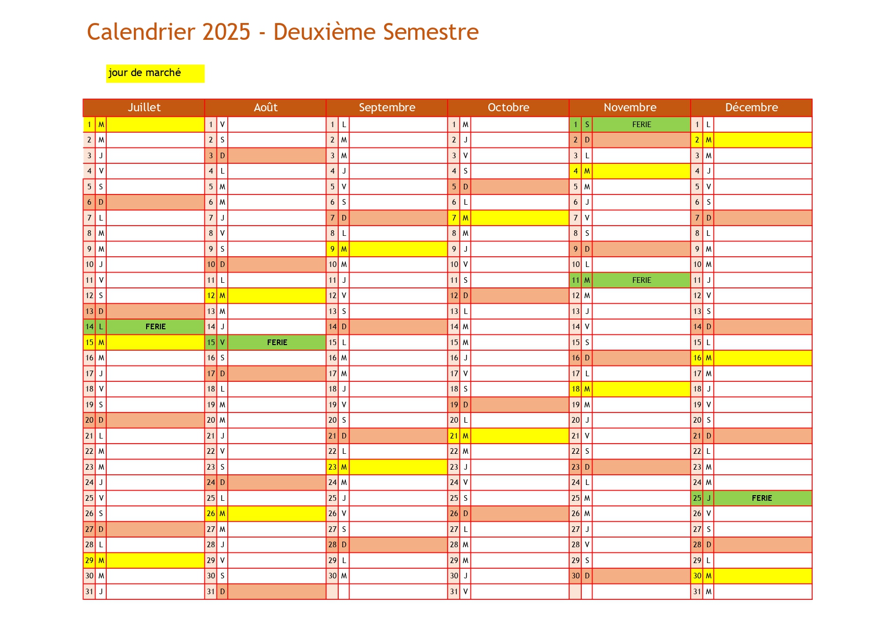 Calendrier 2nd semestre marché 2025