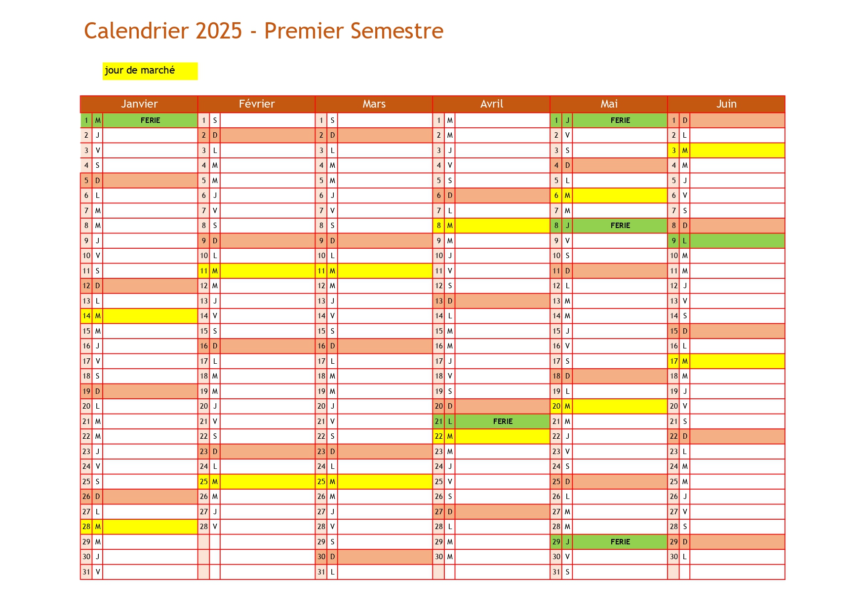 Calendrier 1er semestre marché 2025